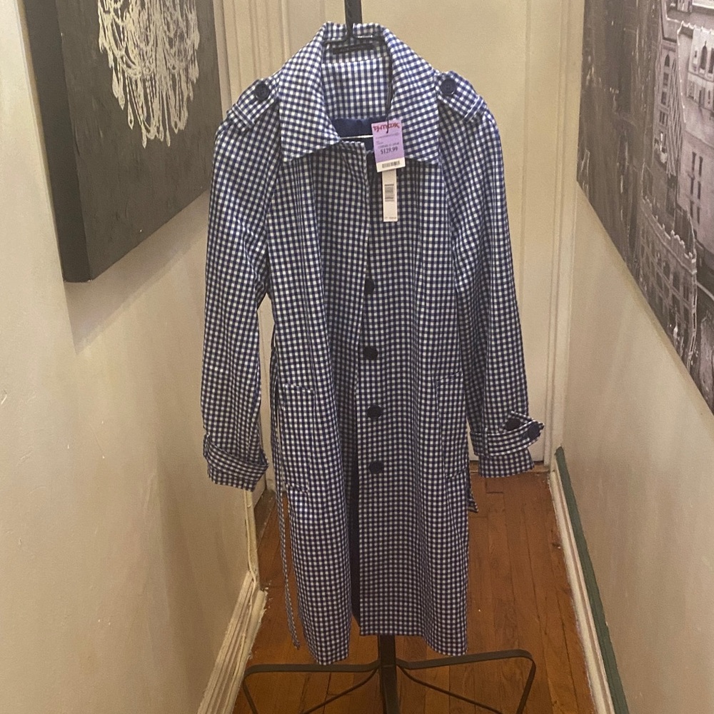 Elie Tahari Blue and White Checkered Trench Coat